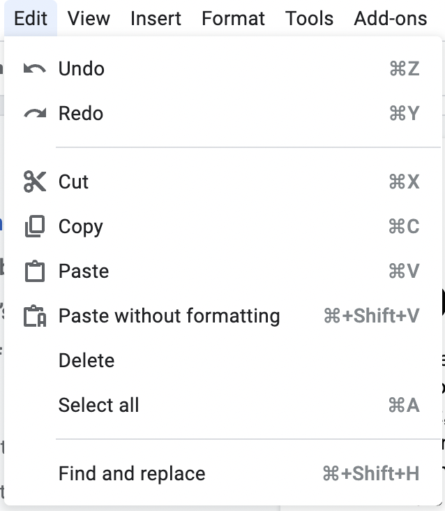 shortcuts shown in tooltips and menus in Google Doc 1]