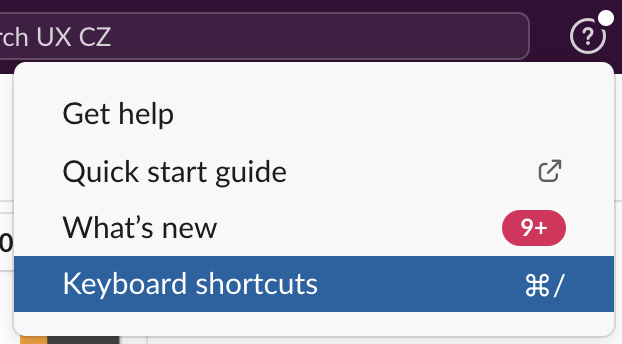 Keyboard shortcuts in Slack in UI]