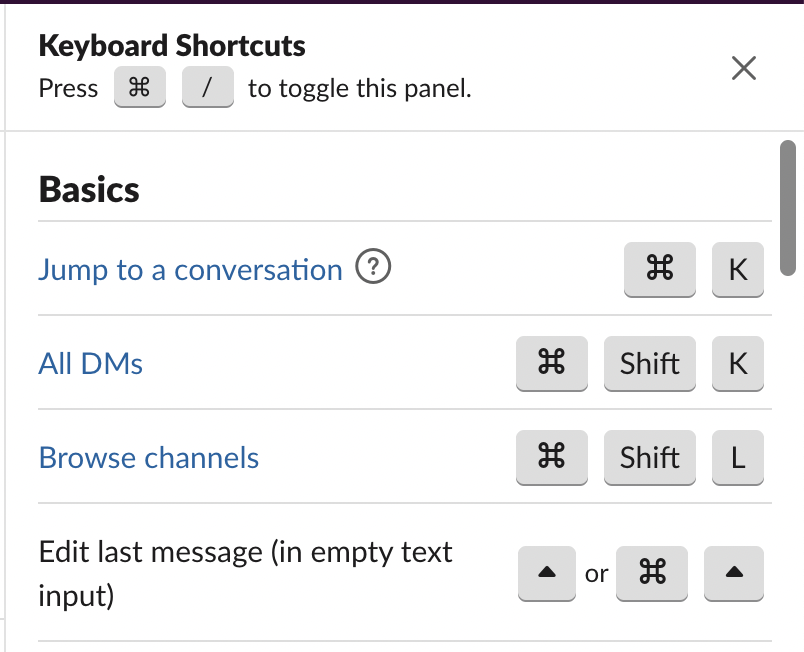 Keyboard shortcuts in Slack
